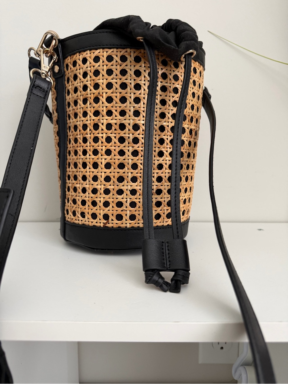 Black and Natural Woven Rattan Bucket Bag - Women